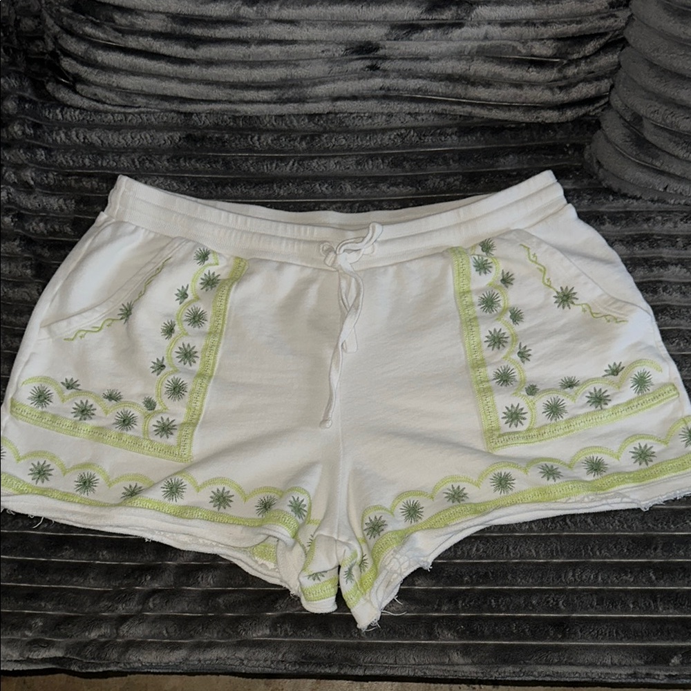 Anthropologie White and Green Athletic Shorts with Botanical Design